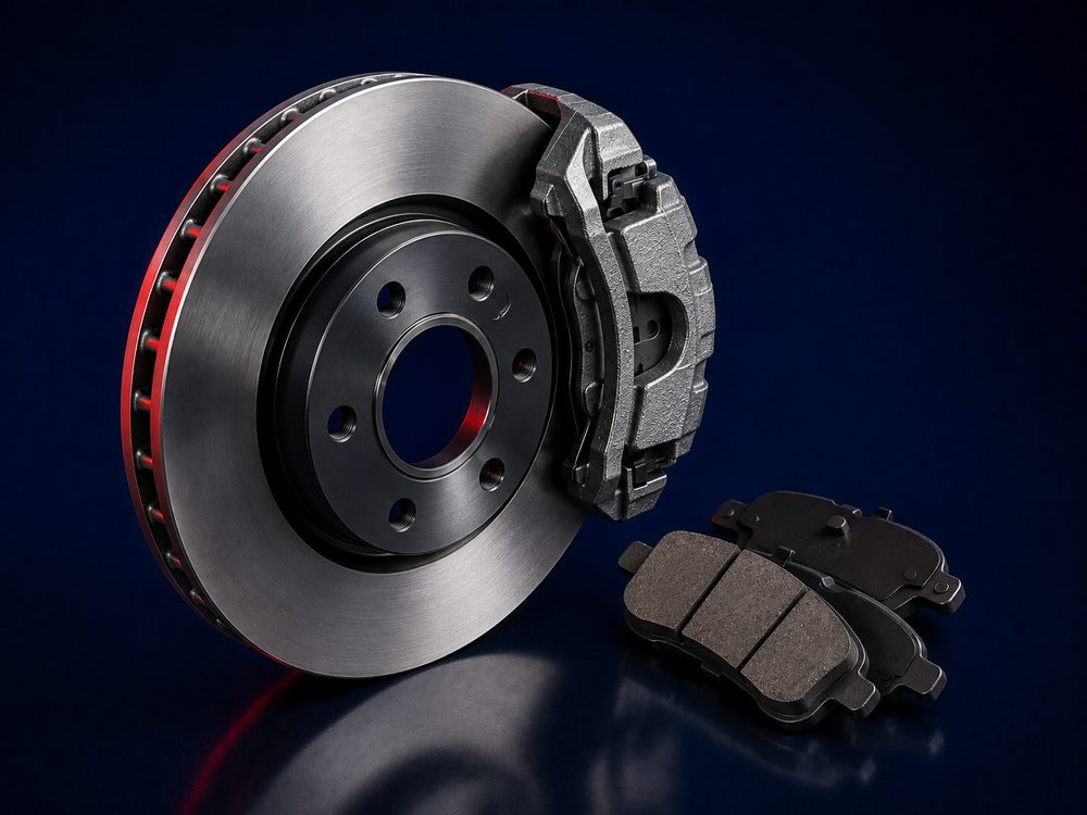 GM vented brake rotor with caliper and brake pads, OEM specification