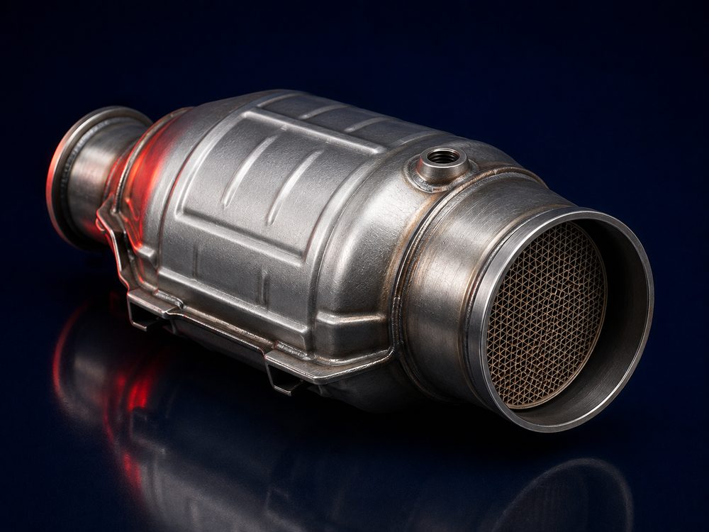 GM catalytic converter with visible honeycomb core, OEM specification